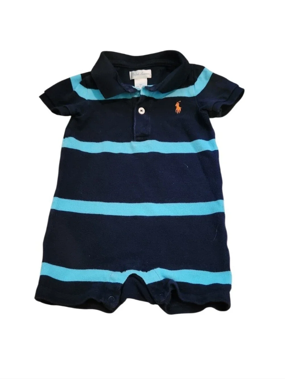 Ralph Lauren Navy & Light Blue Striped Polo Shortall with Orange Pony